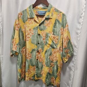 BERMUDA BAY Hawaiian Shirt Mens XL Button Up‎ XL Floral 100% Silk Orange Yellow